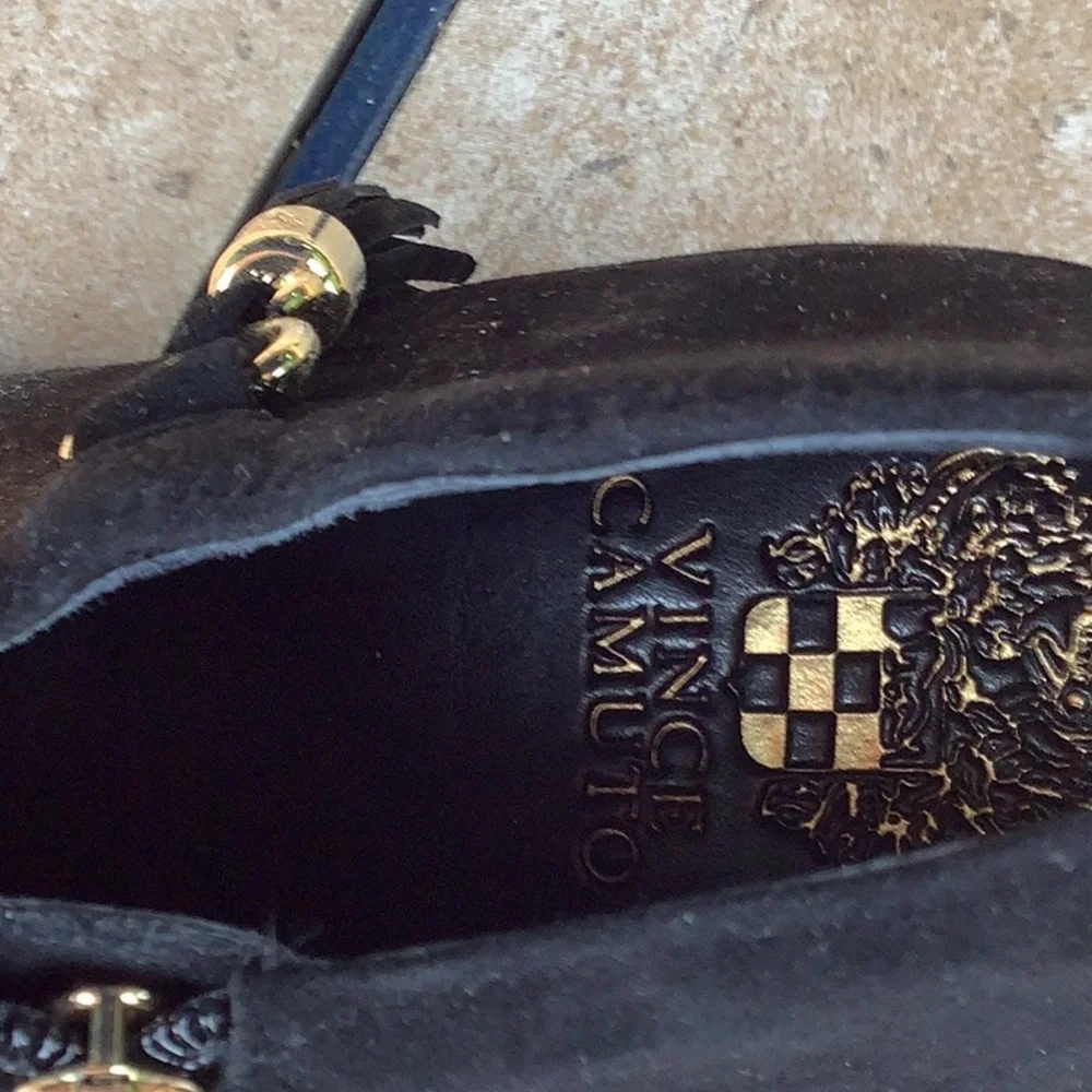 Vince Camuto Black Suede Ankle Booties with Gold Hardware